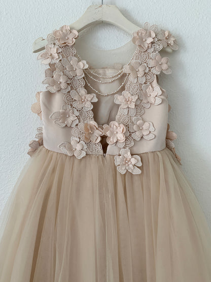 Beige dress with floral lace top on a white background