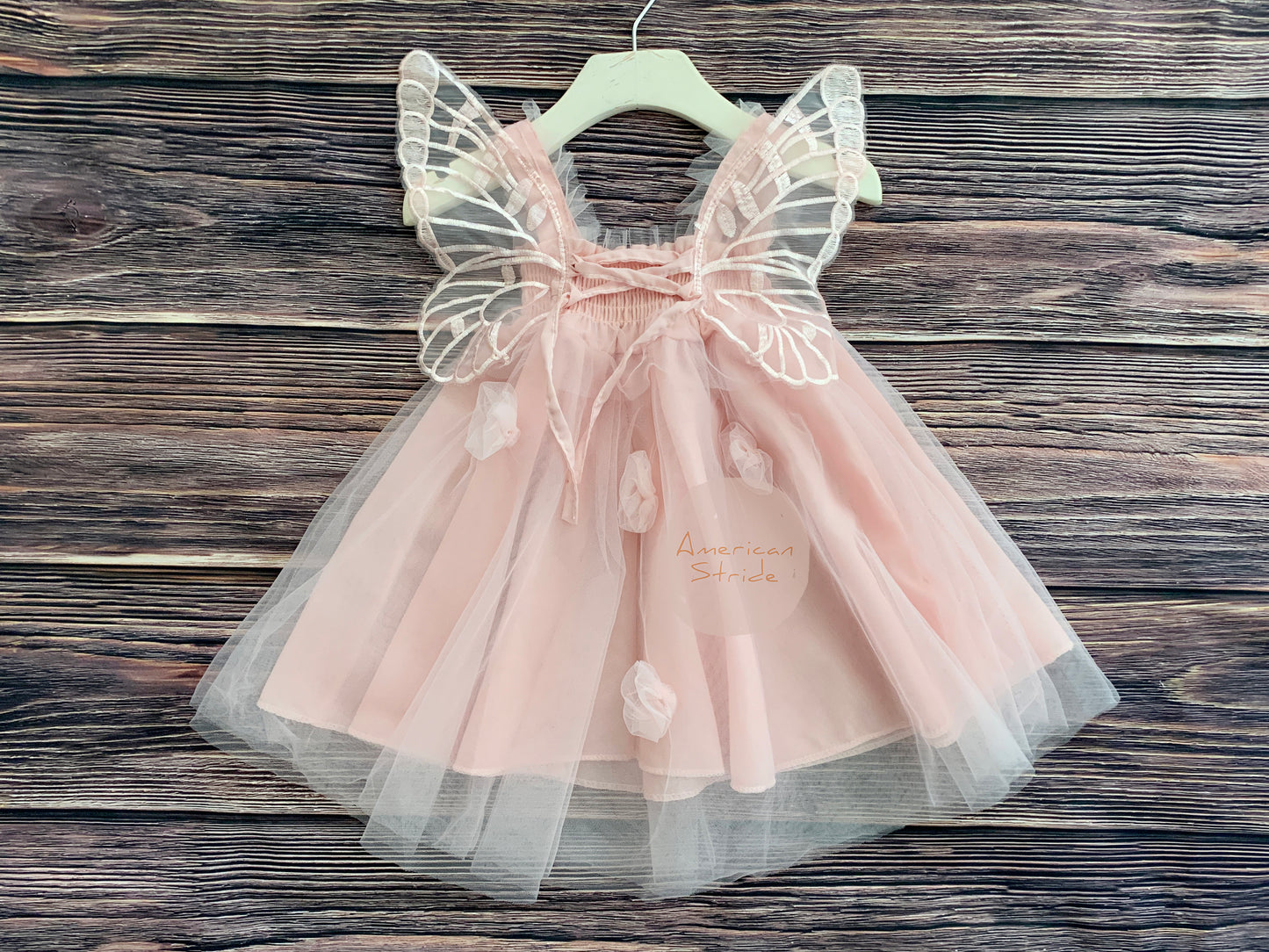 Baby Blush Butterfly Wings Lace Tulle Dress | Baby Special Occasion Dress I Flower Girl Dress - full back view showing beautiful butterfly wings