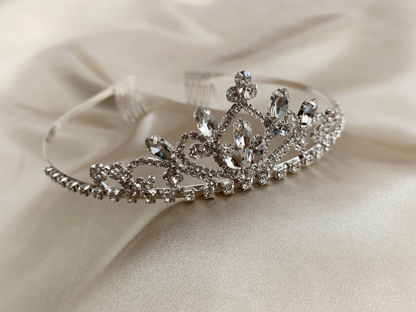 Silver Flower Girl Dainty Rhinestone Tiara | First Communion Tiara | Crystal Flower Girl Headpiece - 3/4 front view