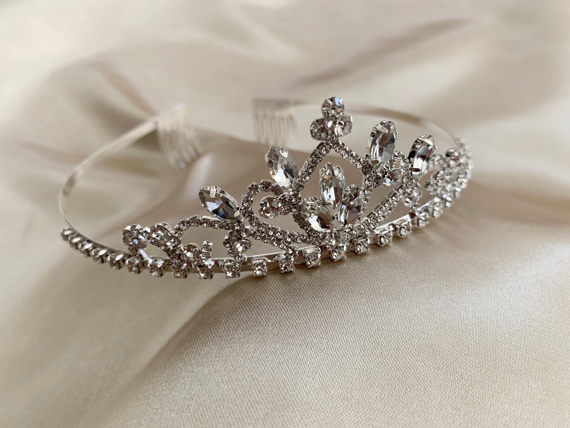 Silver Flower Girl Dainty Rhinestone Tiara | First Communion Tiara | Crystal Flower Girl Headpiece - 3/4 front view