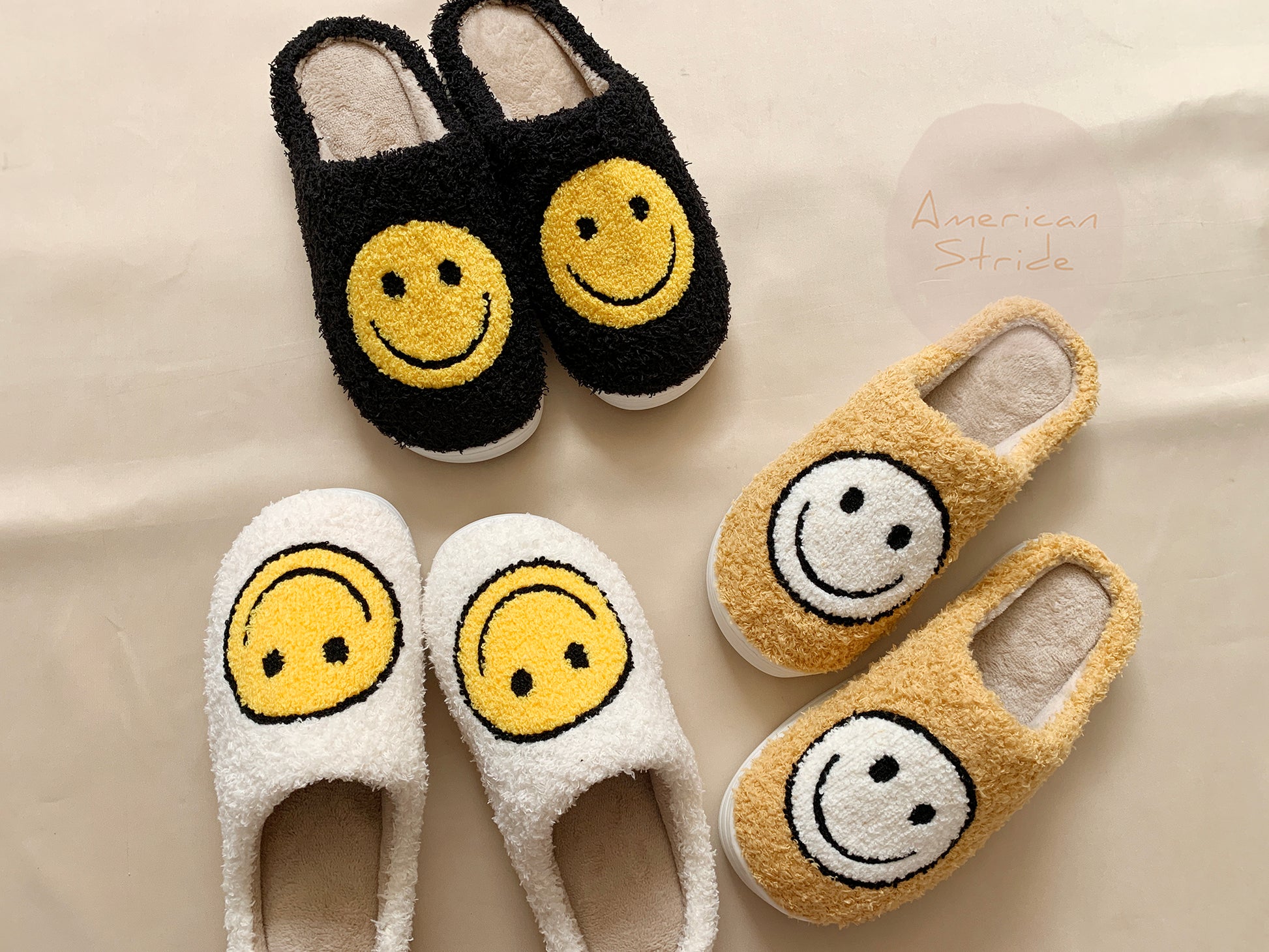 Cozy Fluffy Smile Face Slippers - 3 pairs of slippers displayed