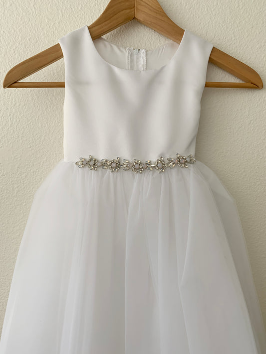 USA Made | Bold Rhinestone White Satin and Tulle Flower Girl Dress | Size 6M - Teen | Veronica dress front view