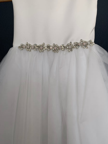 USA Made | Bold Rhinestone White Satin and Tulle Flower Girl Dress | Size 6M - Teen | Veronica dress rhinestone zoom