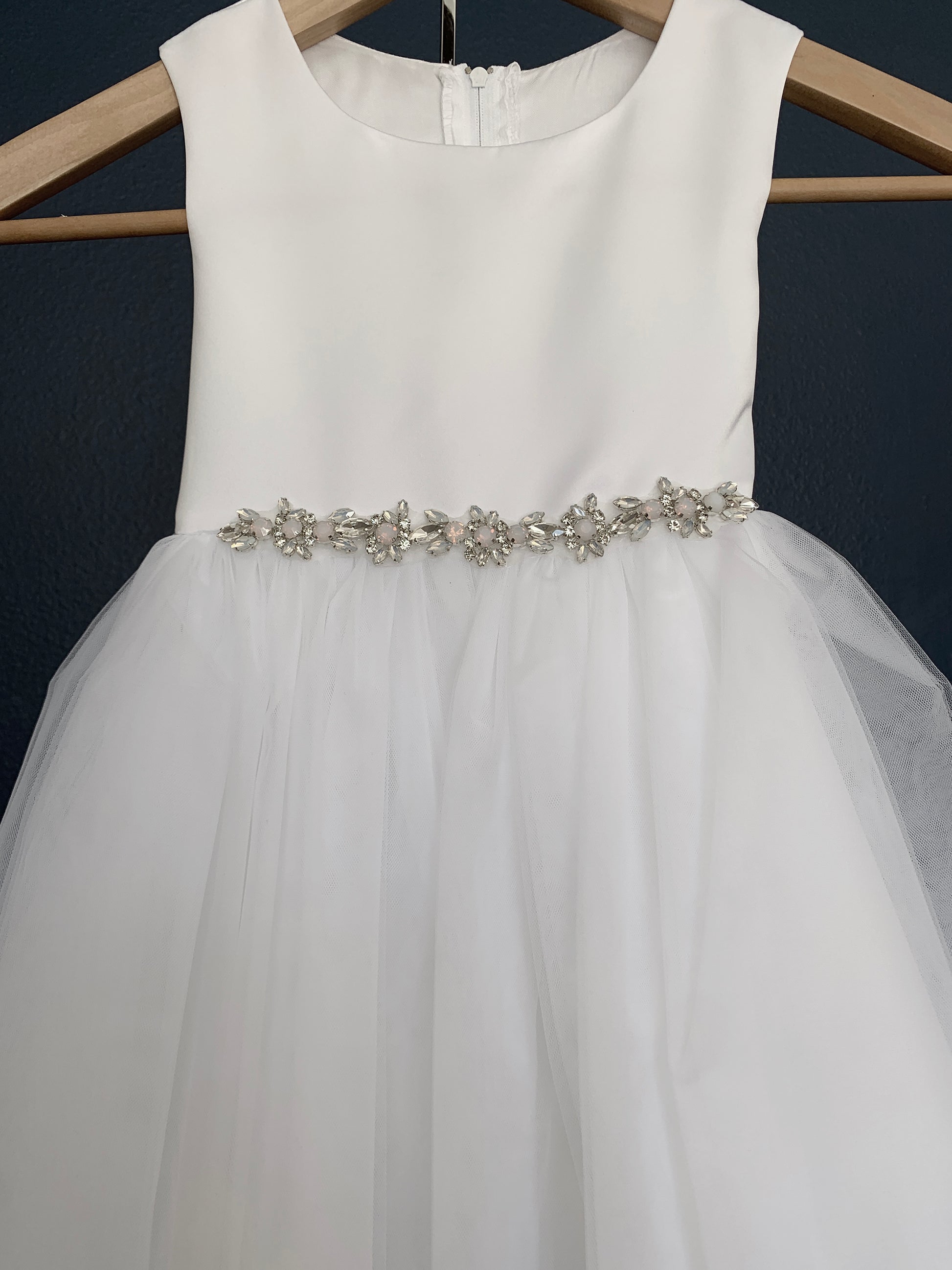 USA Made | Bold Rhinestone White Satin and Tulle Flower Girl Dress | Size 6M - Teen | Veronica dress rhinestone front