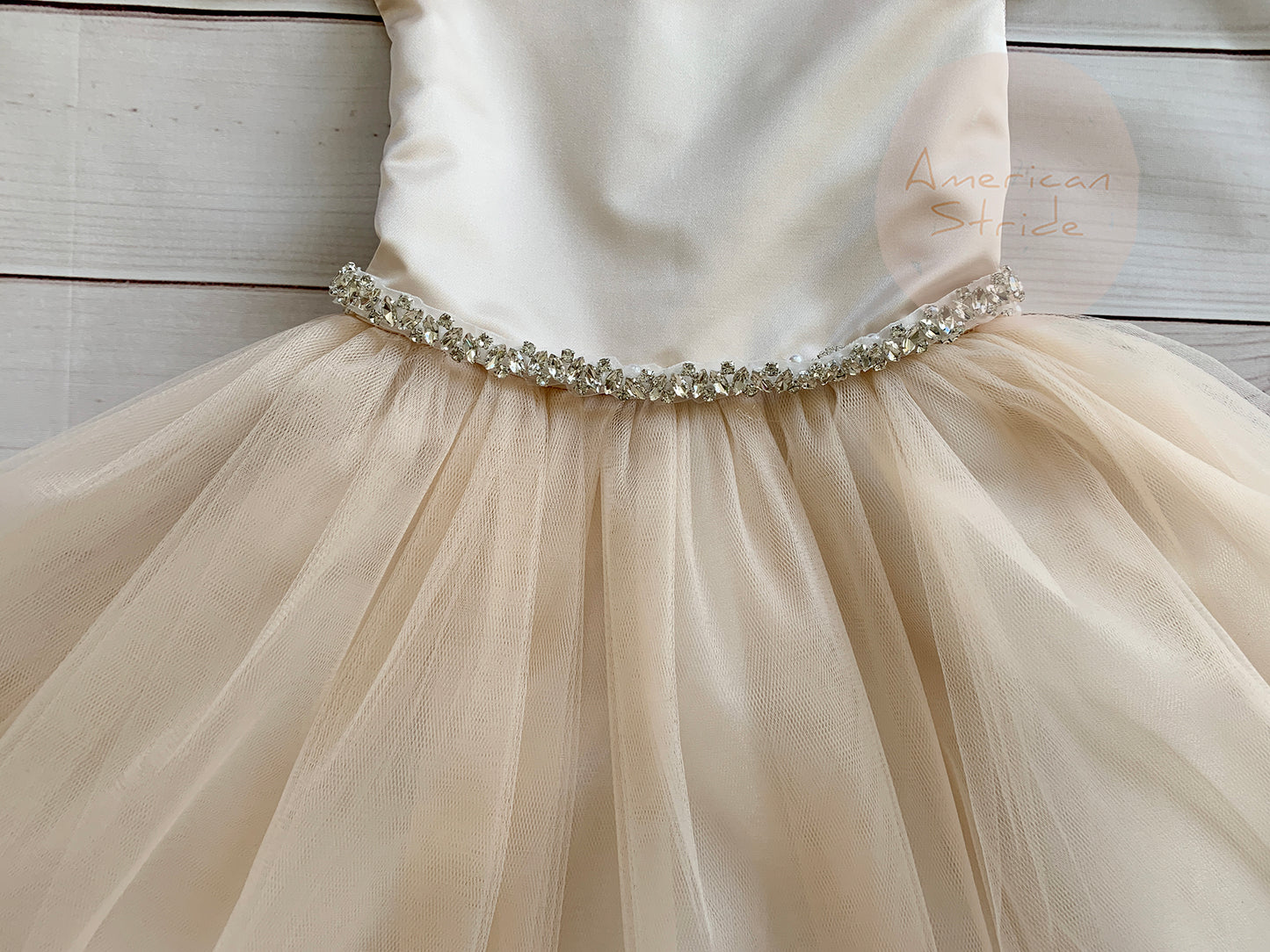 USA Made | Rose-Champagne Dainty Rhinestone Flower Girl Dress | Classic Satin and Tulle Flower Girl Dress | Size 6M - Teen - zoomed in front view showcasing belt sash