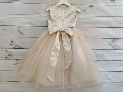 USA Made | Rose-Champagne Dainty Rhinestone Flower Girl Dress | Classic Satin and Tulle Flower Girl Dress | Size 6M - Teen - back view showing bow