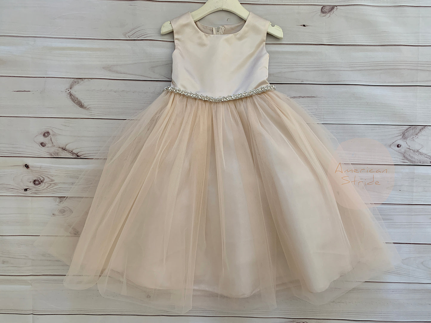 USA Made | Rose-Champagne Dainty Rhinestone Flower Girl Dress | Classic Satin and Tulle Flower Girl Dress | Size 6M - Teen - front view