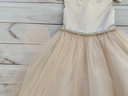 USA Made | Rose-Champagne Dainty Rhinestone Flower Girl Dress | Classic Satin and Tulle Flower Girl Dress | Size 6M - Teen - front view showing detailed belt sash