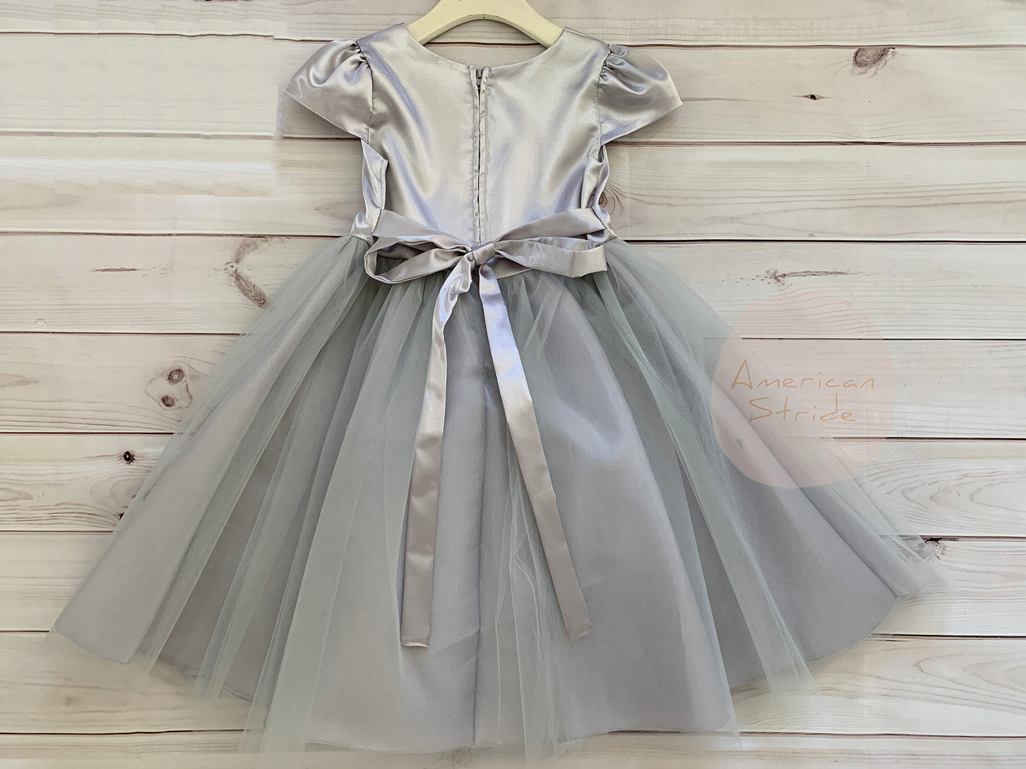 Satin Puff Sleeve and Tulle Flower Girl Dress with Attached Rhinestone Belt silver back 