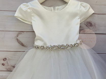 Flower Girl Rhinestone Sash Belt | Crystal Floral Motif Sash - front view