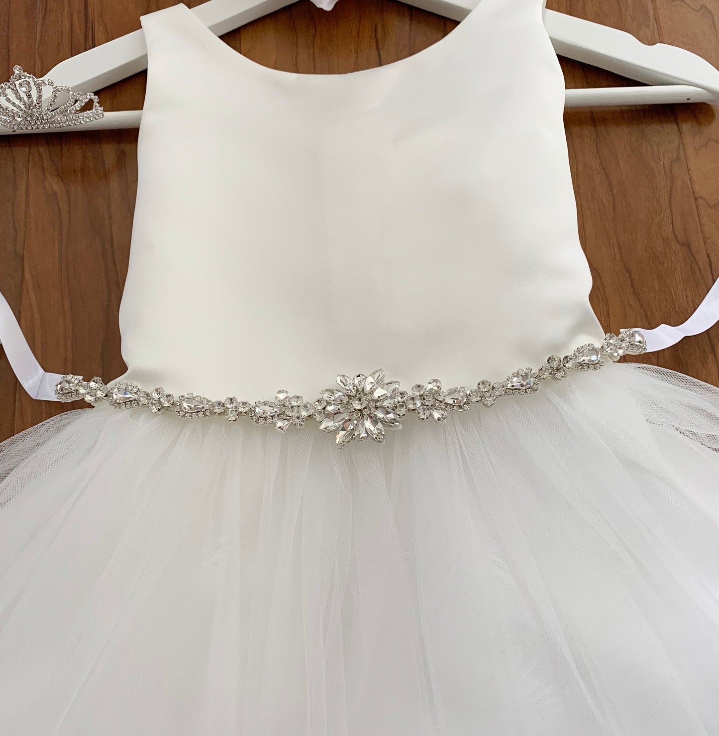 Handmade Beautiful Flower Girl Crystal Rhinestone Sash Belt - front view of dress with crystal sash belt