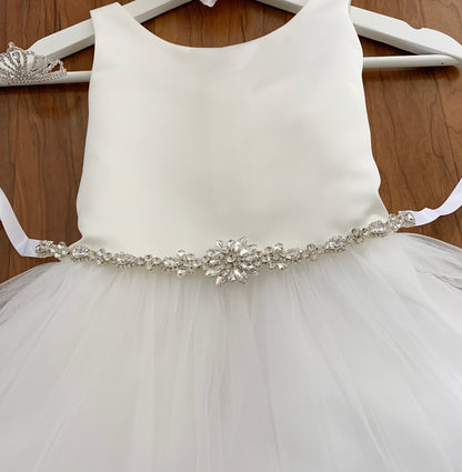 USA Made | Flower Girl Dress with detachable Floral Motif Rhinestone Belt | Handmade Crystal Belt | Size 6M - Teen - front view of dress on hanger focusing on crystal belt