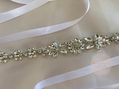 Flower Girl Rhinestone Sash Belt | Crystal Floral Motif Sash - very zoomed in view showing details of belt sash