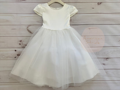 Satin Puff Sleeve and Tulle Flower Girl Dress with Attached Rhinestone Belt off white