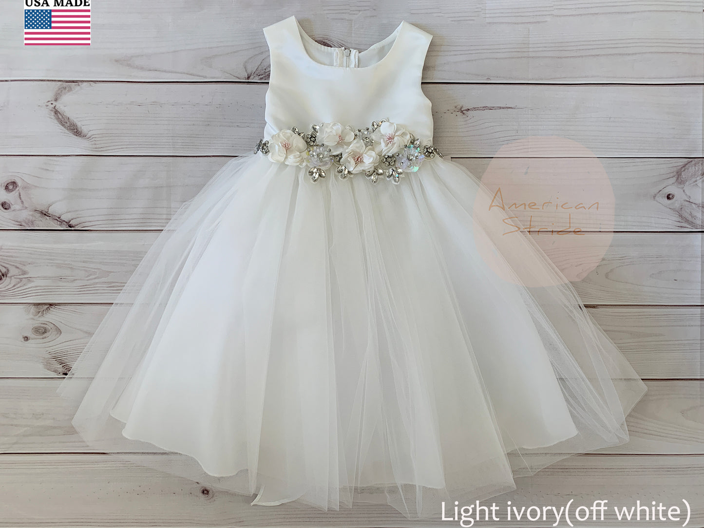 USA Made | Floral and Rhinestone Satin and Tulle Flower Girl Dress | Size 6M - Teen | Grace dress front