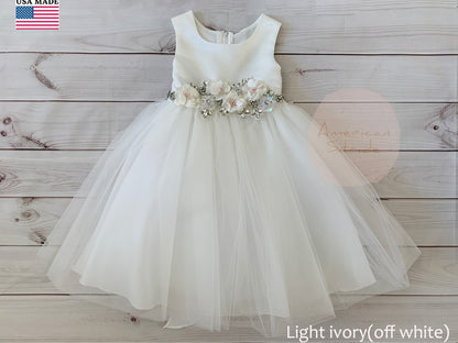 USA Made | Floral and Rhinestone Satin and Tulle Flower Girl Dress | Size 6M - Teen | Grace dress front