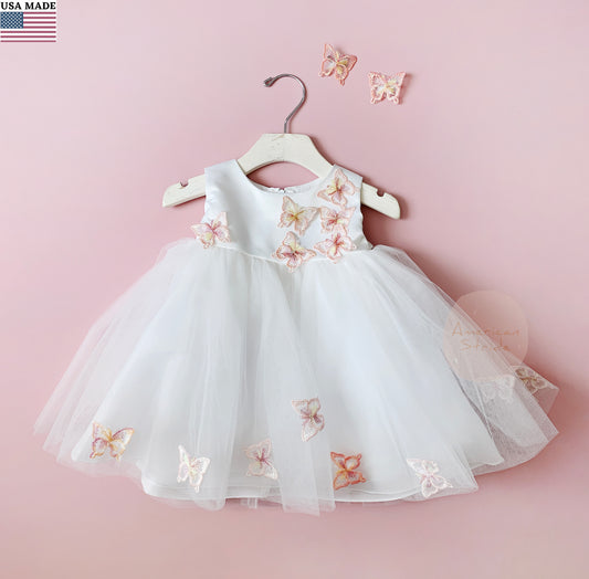 USA Made | Baby Butterfly Dress with Matching Hair Clips | Toddler Satin & Tulle Flower Girl Dress | Birthday Parth Dress