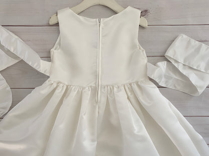 USA Made | Fully Satin Flower Girl Dress w/ Detachable Handmade Pearl belt | Baptism blessing dress - zoomed in back view of dress with bow untied