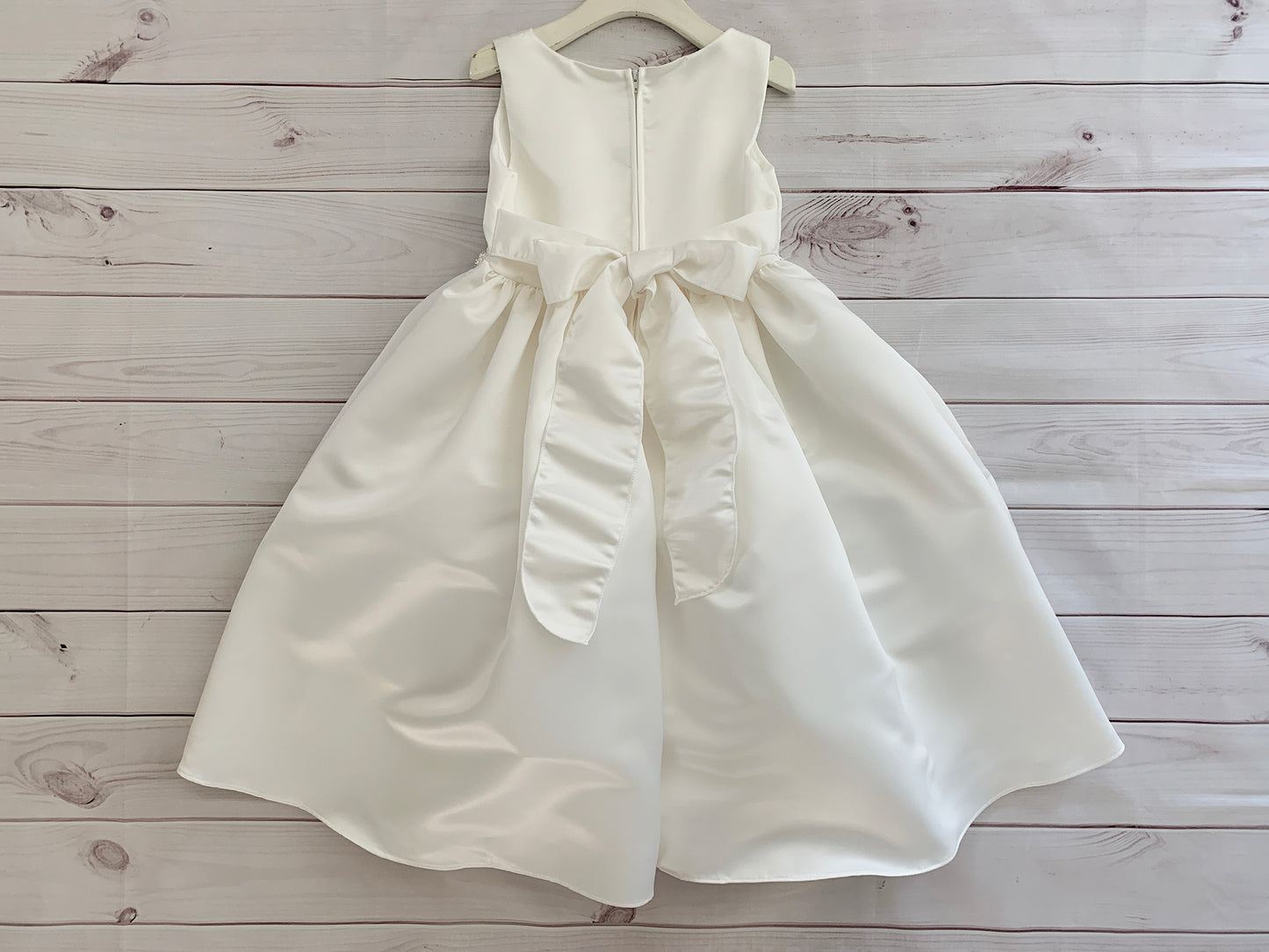 USA Made | Classic Dull Satin Dress with Attached Rhinestone/Pearl Detail | Flower Girl, Communion, Baptism Dress | Size 6M - Teen | Lynda dress A back view