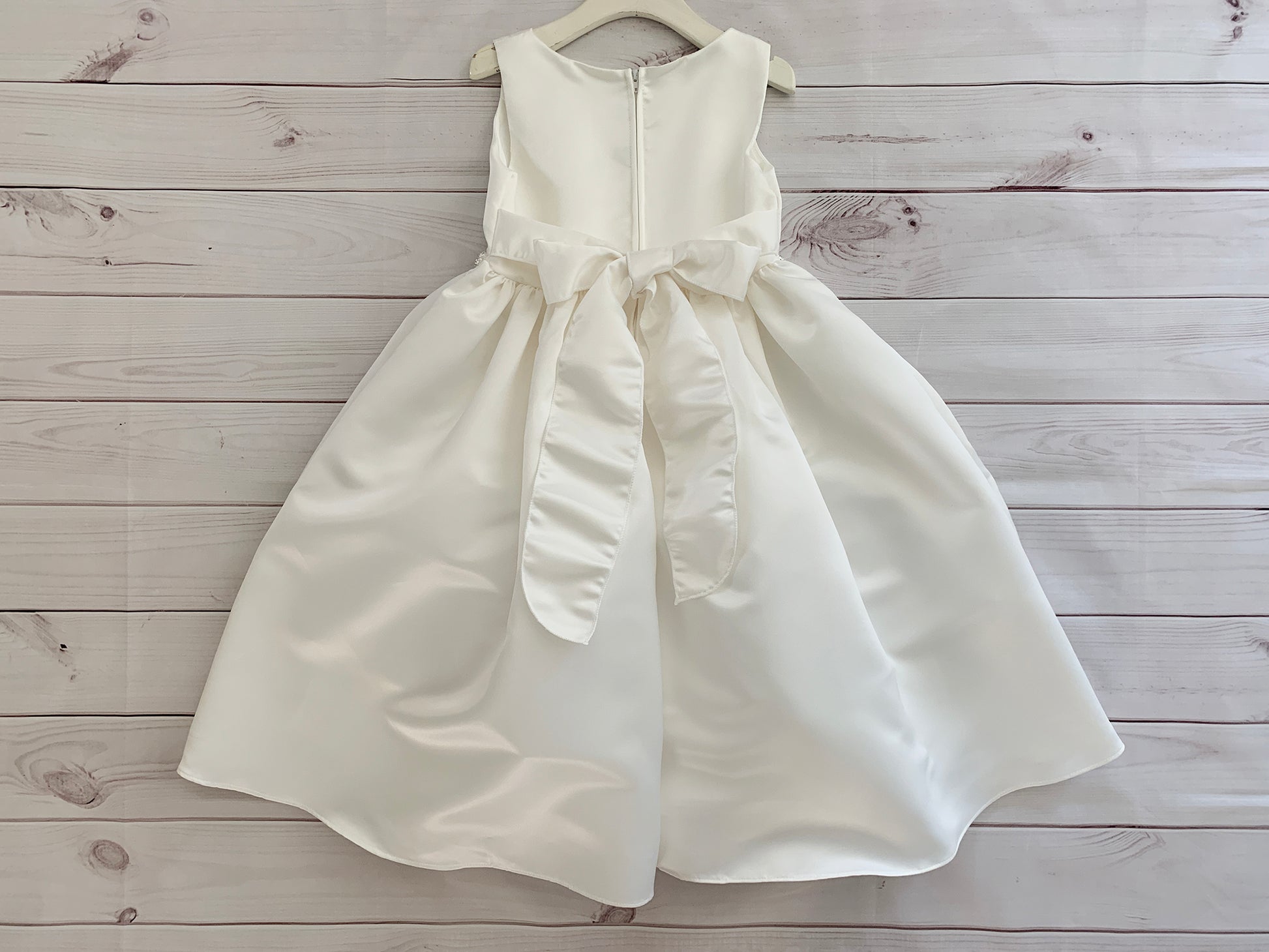 Fully Satin Flower Girl Pearl belt Dress | Communion dress - back view of dress with bow