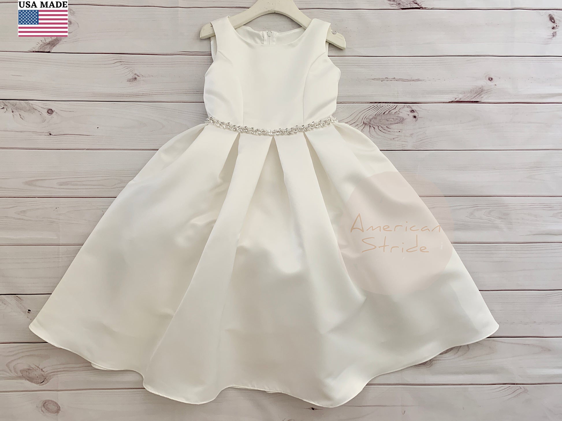 USA Made | Classic Dull Satin Dress with Attached Rhinestone/Pearl Detail | Flower Girl, Communion, Baptism Dress | Size 6M - Teen | Lynda dress A front view