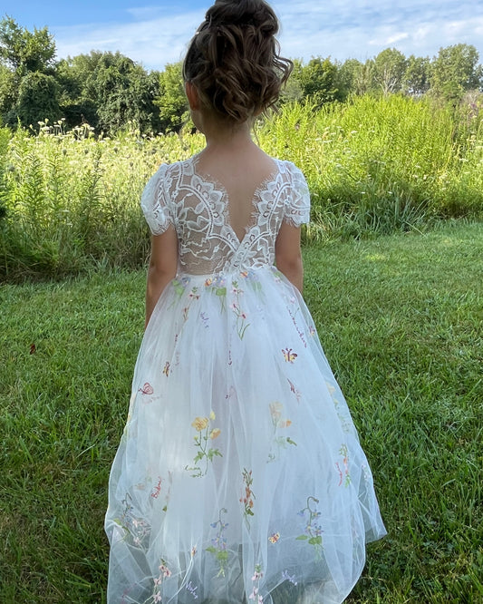 kid wearing v back lace top with flower embroidered tulle dress 