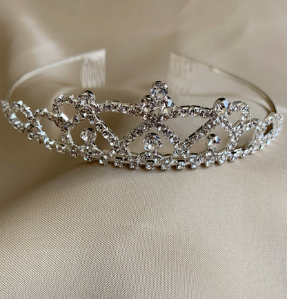 Flower Girl Rhinestone Crystal Tiara | First Communion Headpiece - zoomed in front view of headpiece detailing design