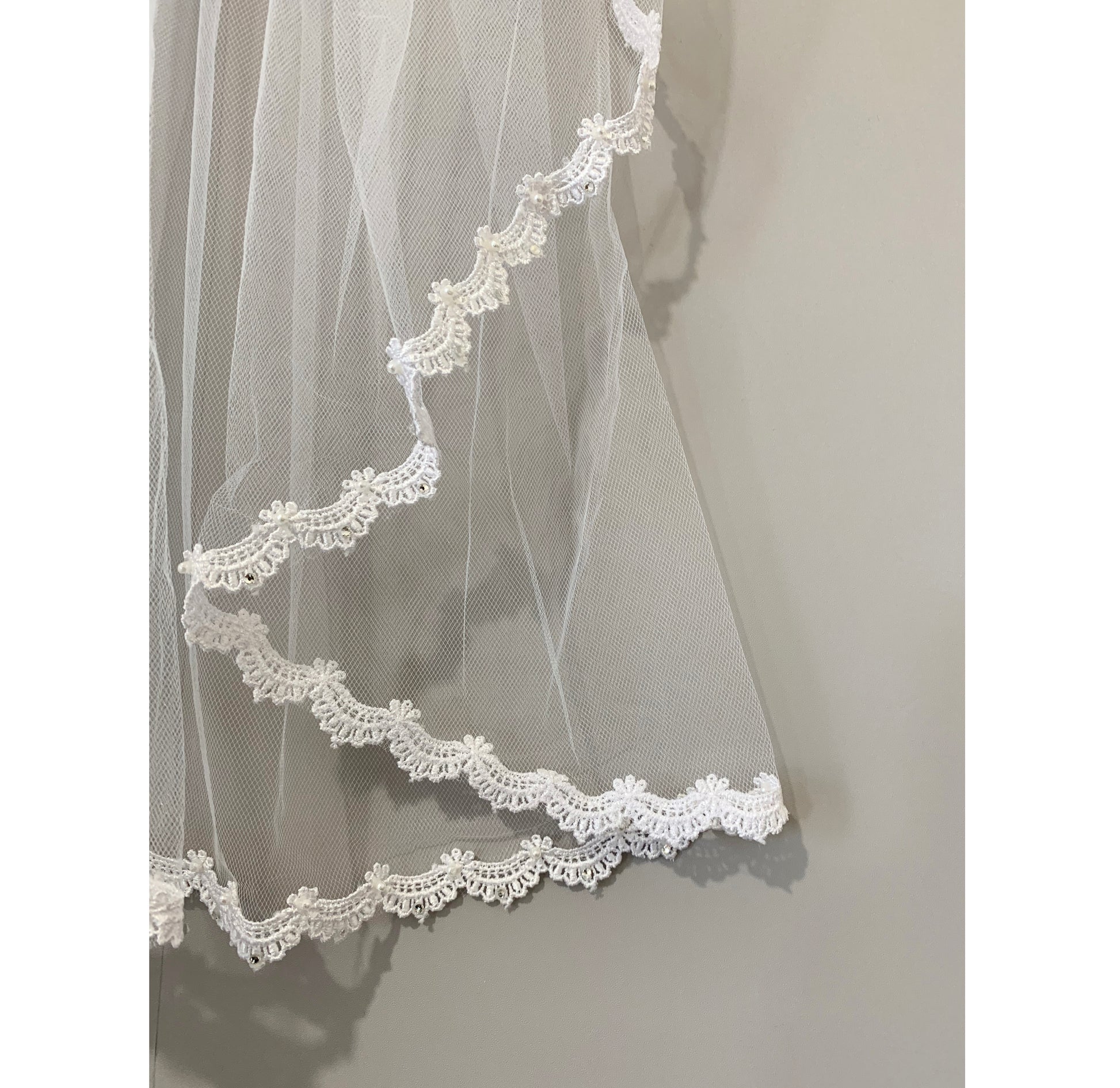 USA Made | Handmade Flower Girl Lace Rhinestone and Pearl Veil | Communion Lace Rhinestone Veil rhinestone pearl