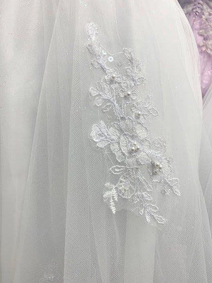 Communion Elegant Cap Sleeves with Pearl Satin and Tulle Dress | Classic First Communion Dress | White Flower Girl Dress - zoomed in view of skirt showing detailed pattern with pearls