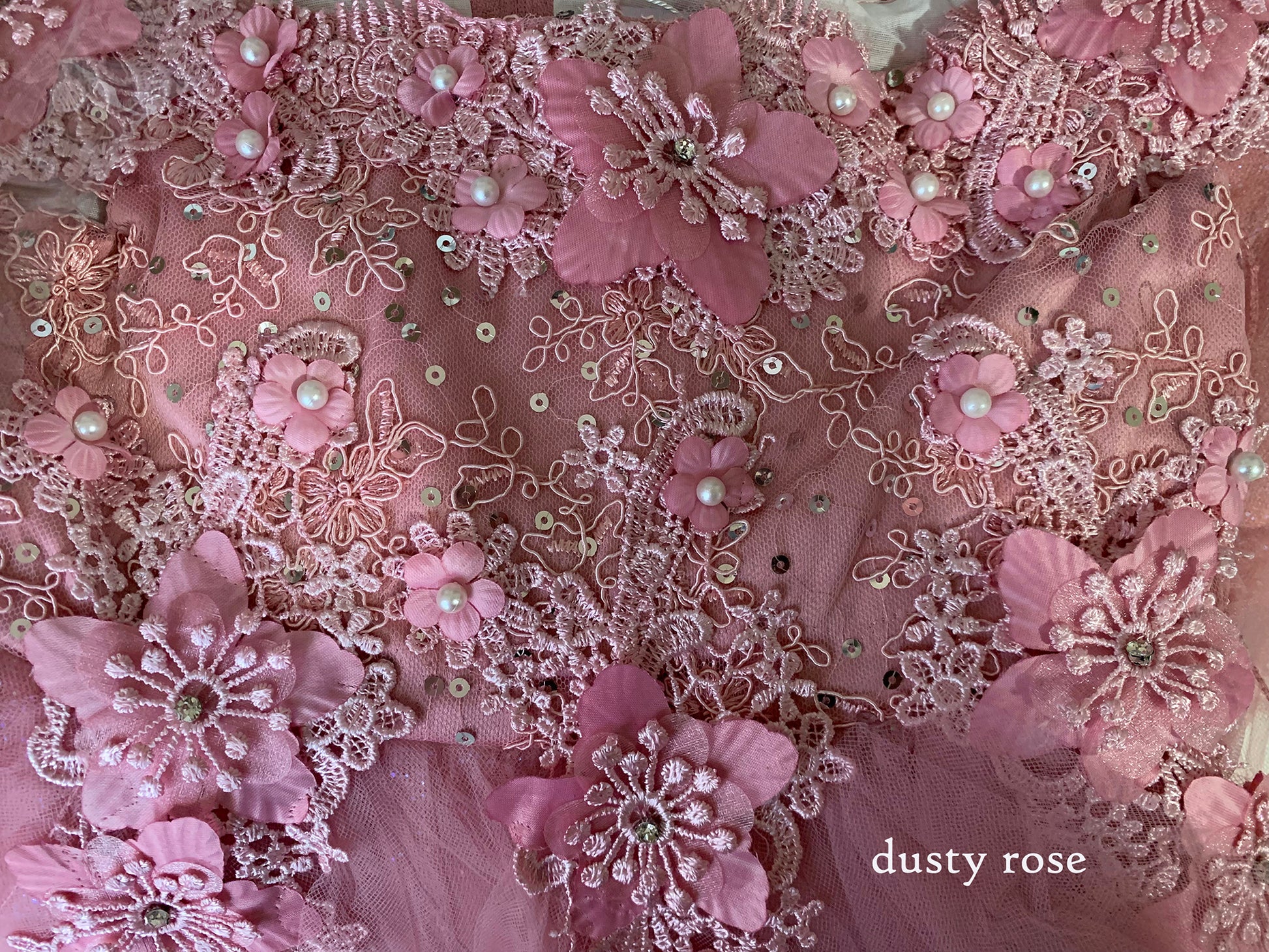 Dusty Rose Off the shoulder Embedded 3D Floral & Rhinestones Sparkling Glitter Tulle Flower Girl Dress - zoomed in view of dusty rose dress showing flower and pearl pattern