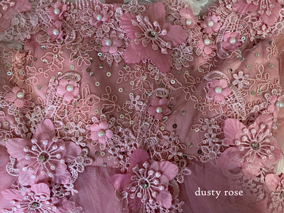 Dusty Rose Off the shoulder Embedded 3D Floral & Rhinestones Sparkling Glitter Tulle Flower Girl Dress - zoomed in view of dusty rose dress showing flower and pearl pattern