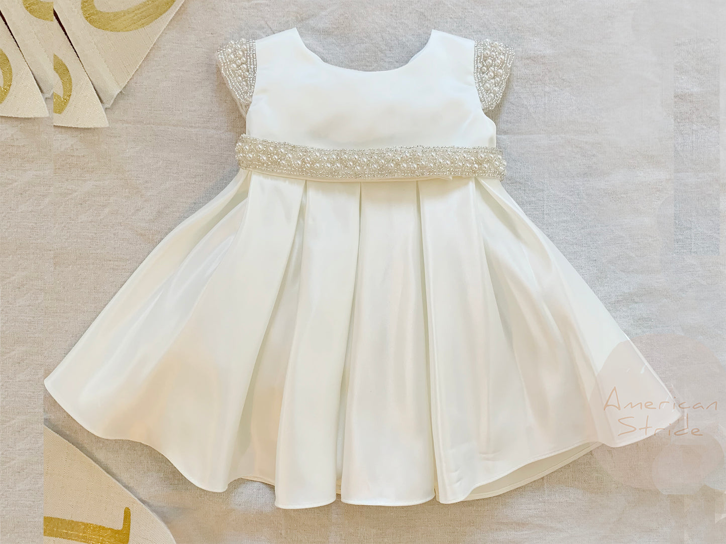 Ivory Flower Girl Beaded Short Sleeves Dull Satin dress with Detachable Pearl Sash - view of dress with pearl sash belt