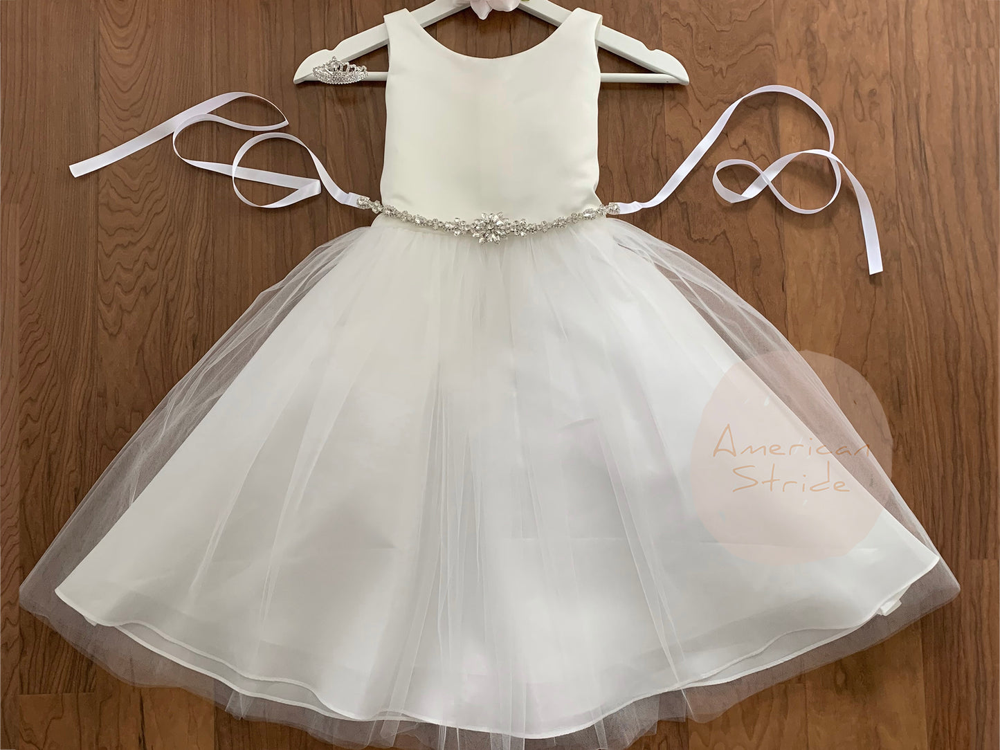 USA Made | Flower Girl Dress with detachable Floral Motif Rhinestone Belt | Handmade Crystal Belt | Size 6M - Teen - front view of dress