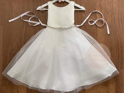 USA Made | Flower Girl Dress with detachable Floral Motif Rhinestone Belt | Handmade Crystal Belt | Size 6M - Teen - front view of dress