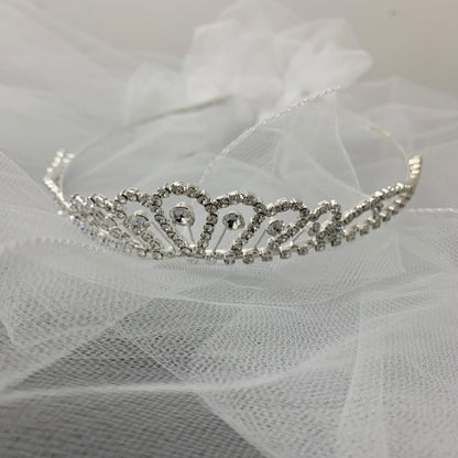 USA Made | Handmade First Communion Rhinestone Tiara with 2 Tiered Veil zoom