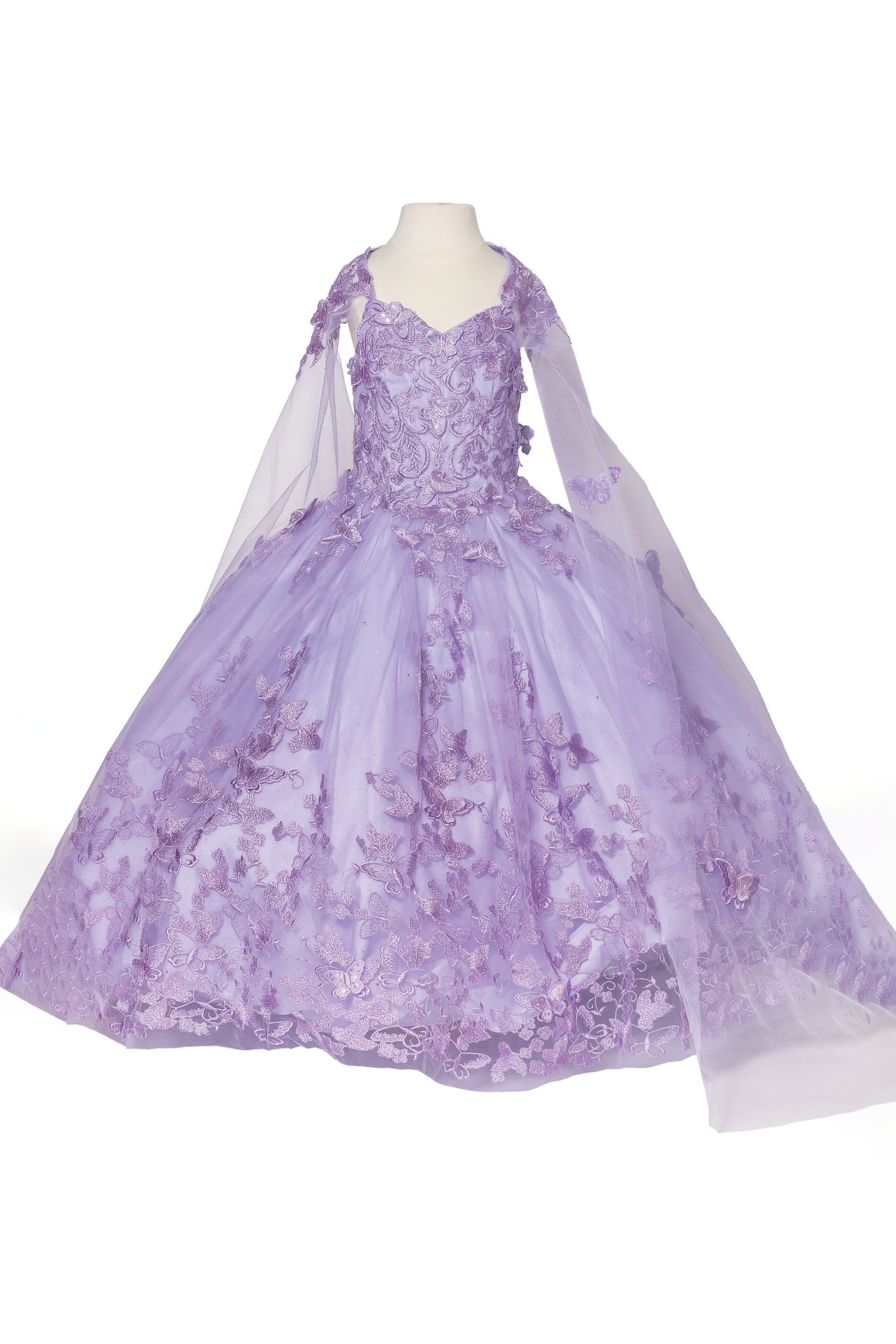 lilac floral and butterfly appliques mini dress on a mannequin against a white background
