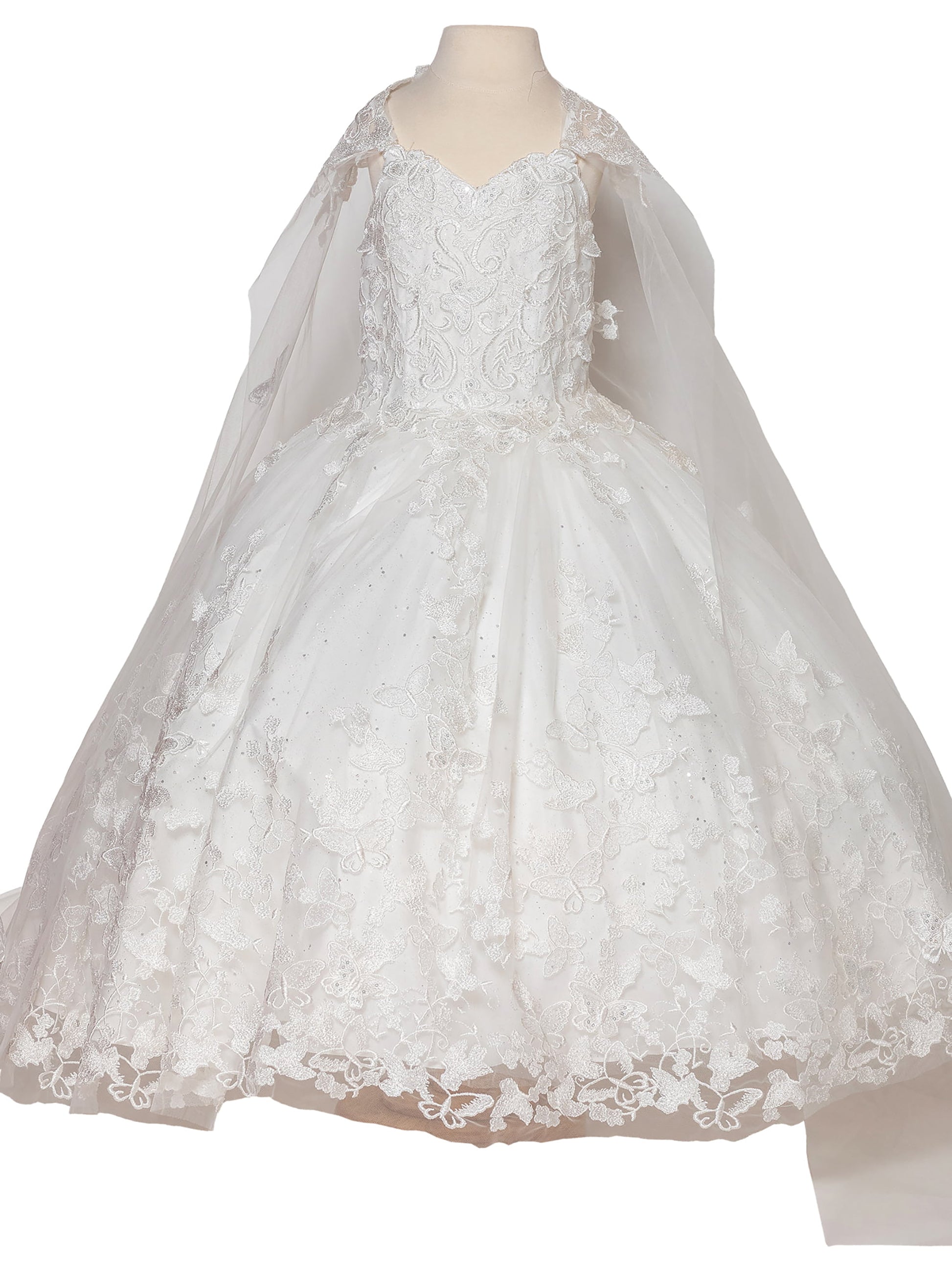 Mini Quince | Off-white Butterfly Embroidered Lace Bodice Sweetheart Neckline Tulle Overlay Kid Ball Gown Mini Quinceanera 3-Anos Dress | Lucia dress front view