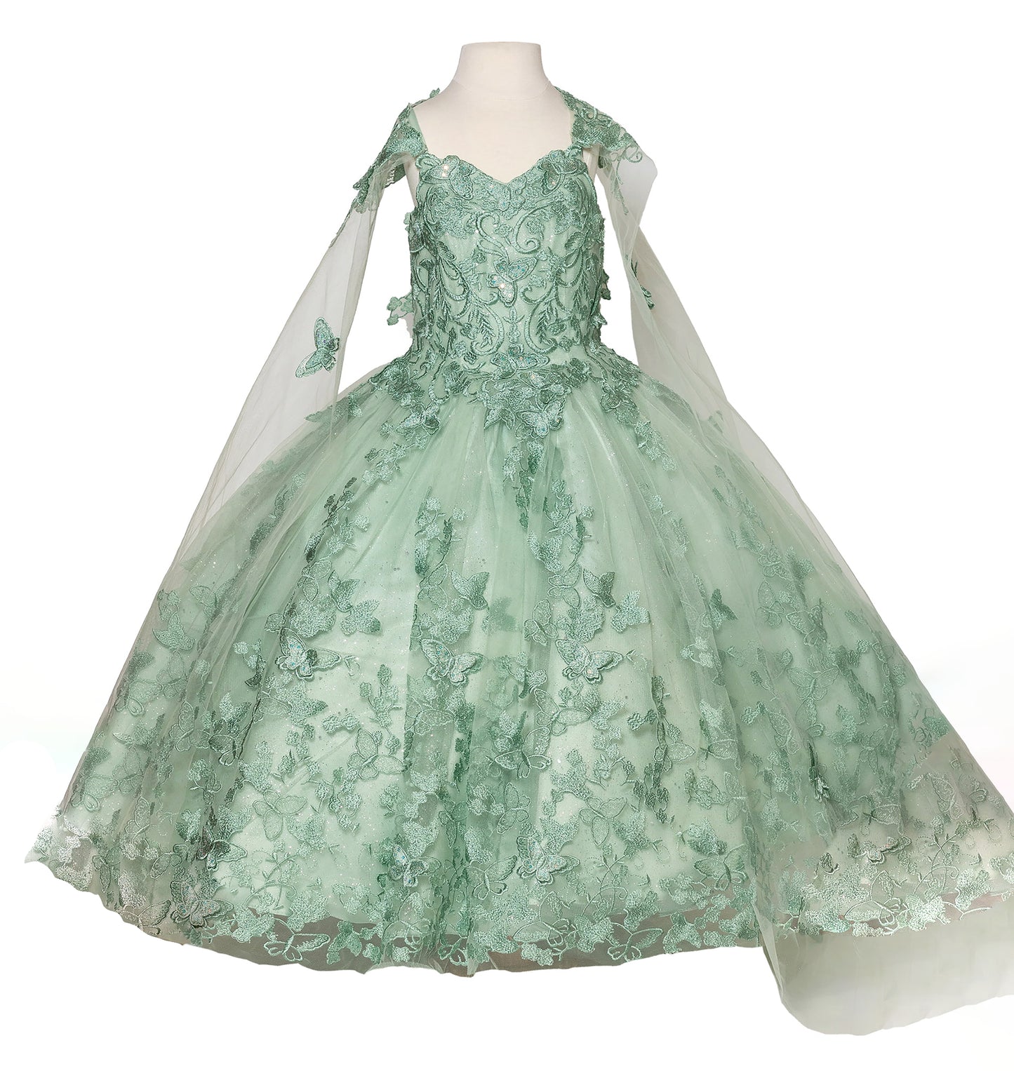 Green lace dress on a mannequin with a white background