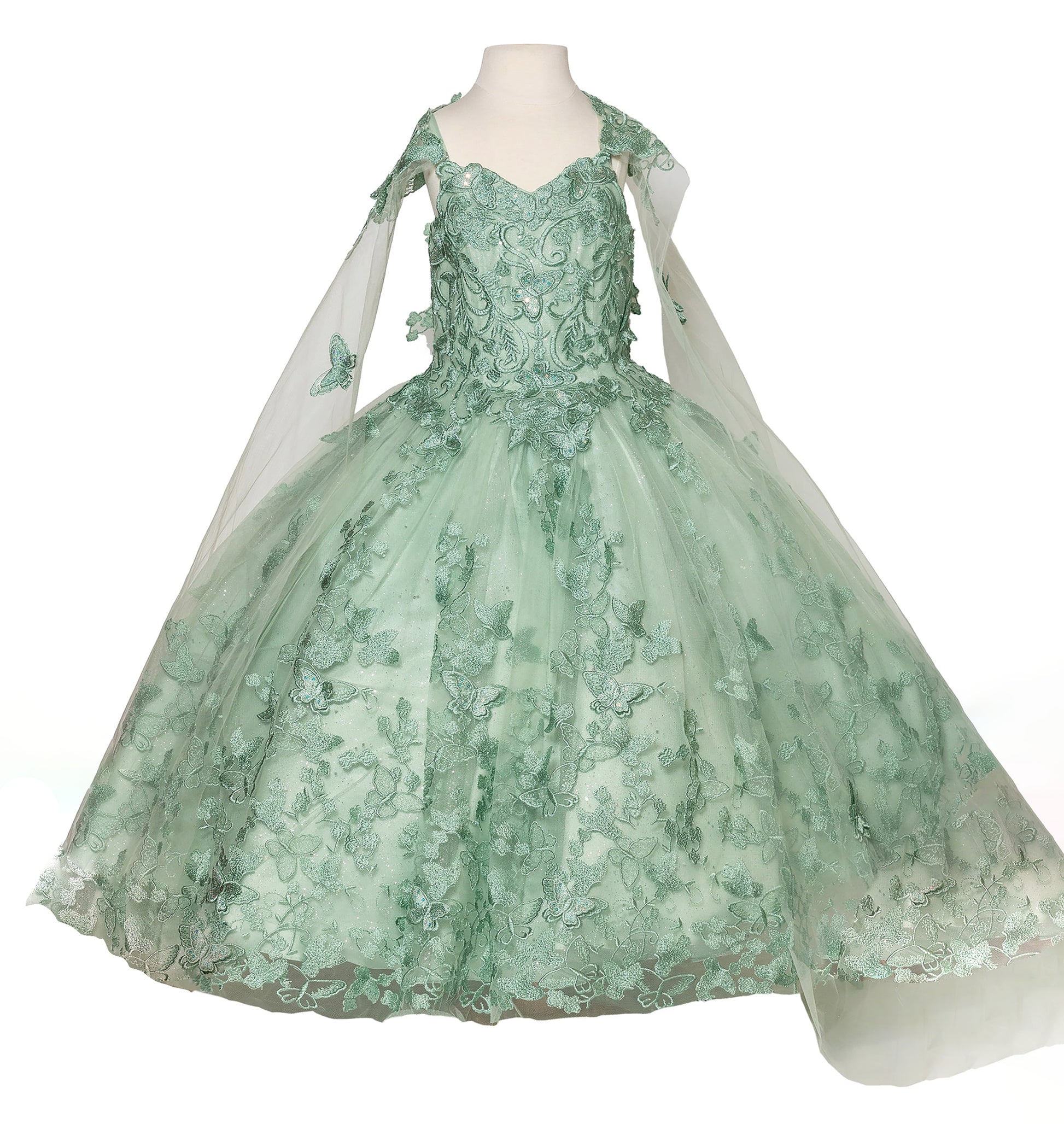Green lace dress on a mannequin with a white background