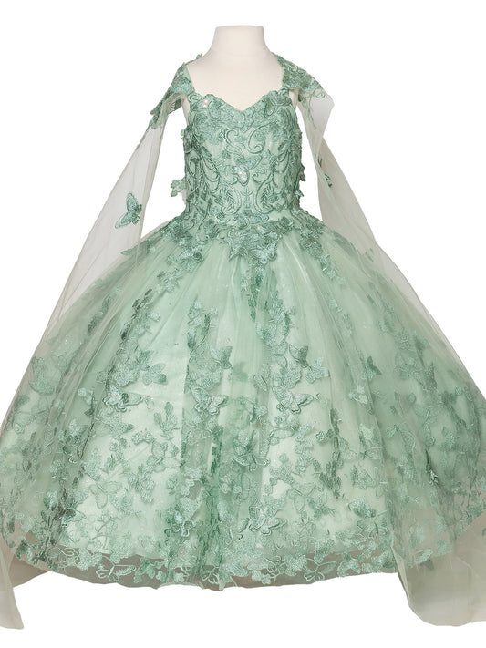 Mini Quince | Sage Butterfly Embroidered Lace Bodice Sweetheart Neckline Tulle Overlay Kid Ball Gown Mini Quinceanera 3-Anos Dress | Lucia dress front view