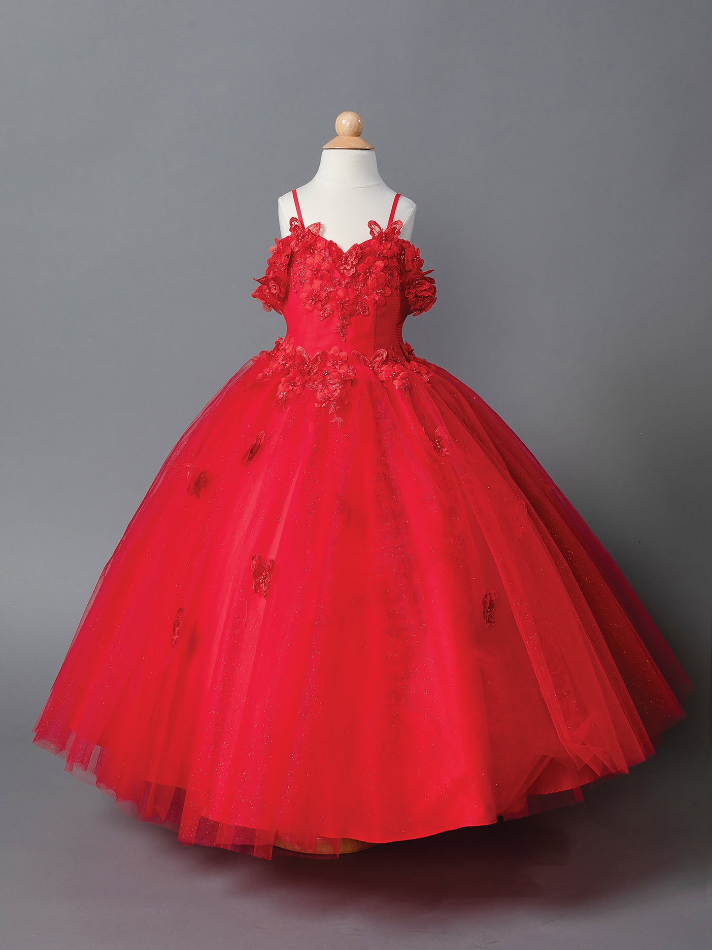 Red Floral Appliqué Bodice with Sheer Overlay and Glitter Tulle Mini Quince 3-Anos Dress - front view