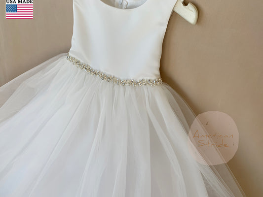 USA Made | Pearl and Rhinestone Light Ivory Flower Girl Dress | Classic Satin and Tulle Flower Girl Dress | Size 6M - Teen - zoomed in front view of dress with pearl and rhinestone belt