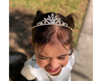 Silver Flower Girl Dainty Rhinestone Tiara | First Communion Tiara | Crystal Flower Girl Headpiece - smiling girl wearing headpiece top view