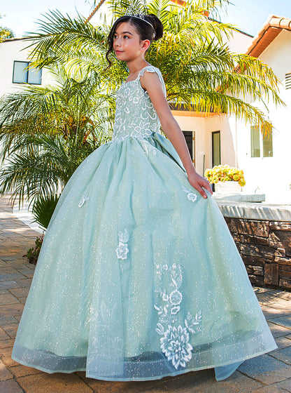 Mini Quince | Sage 3D Sparkling Fabric Decorated with 3D Flower Puff Print with Detachable Back Ribbon | Pilar dress  side