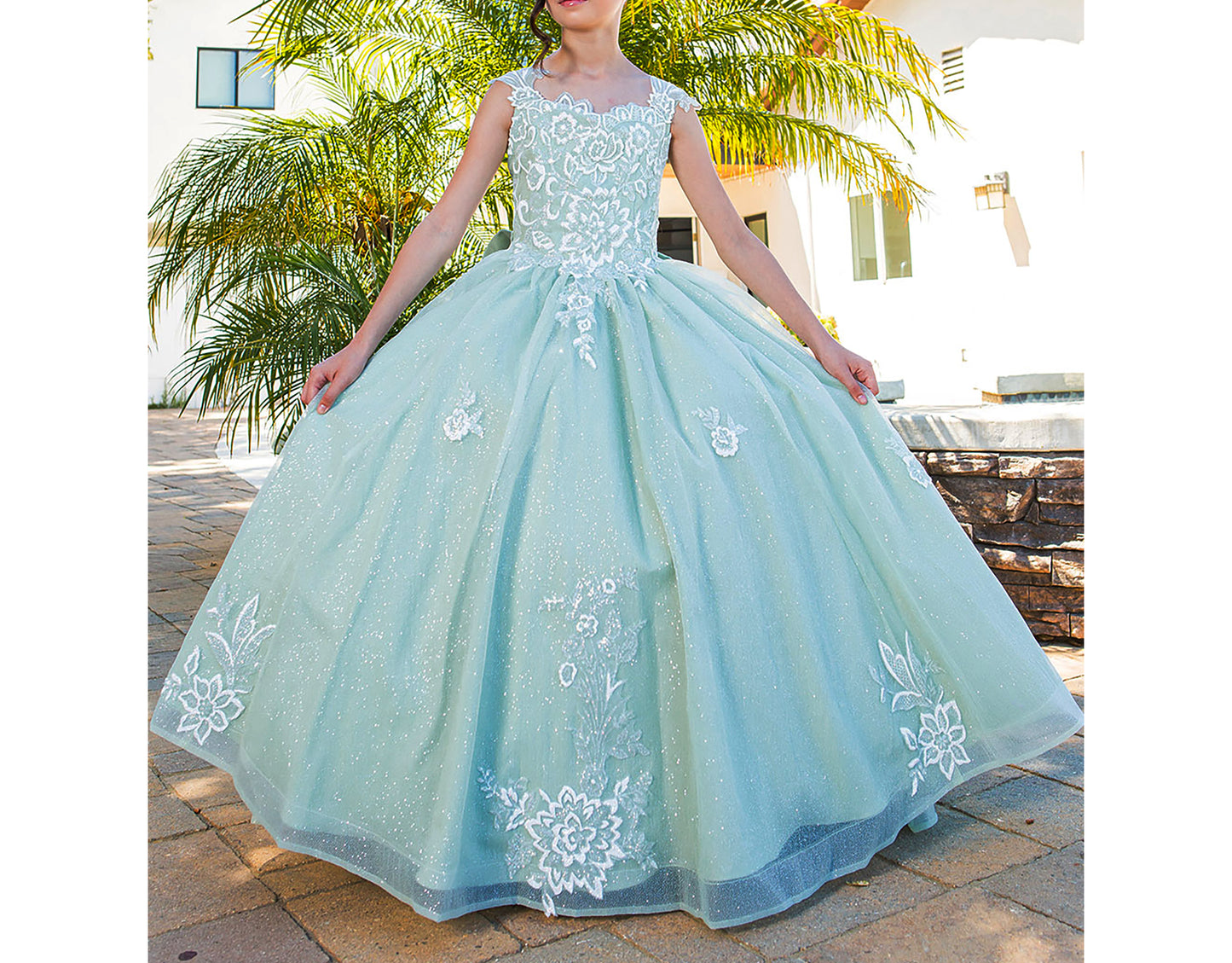 Mini Quince | Sage 3D Sparkling Fabric Decorated with 3D Flower Puff Print with Detachable Back Ribbon | Pilar dress  front