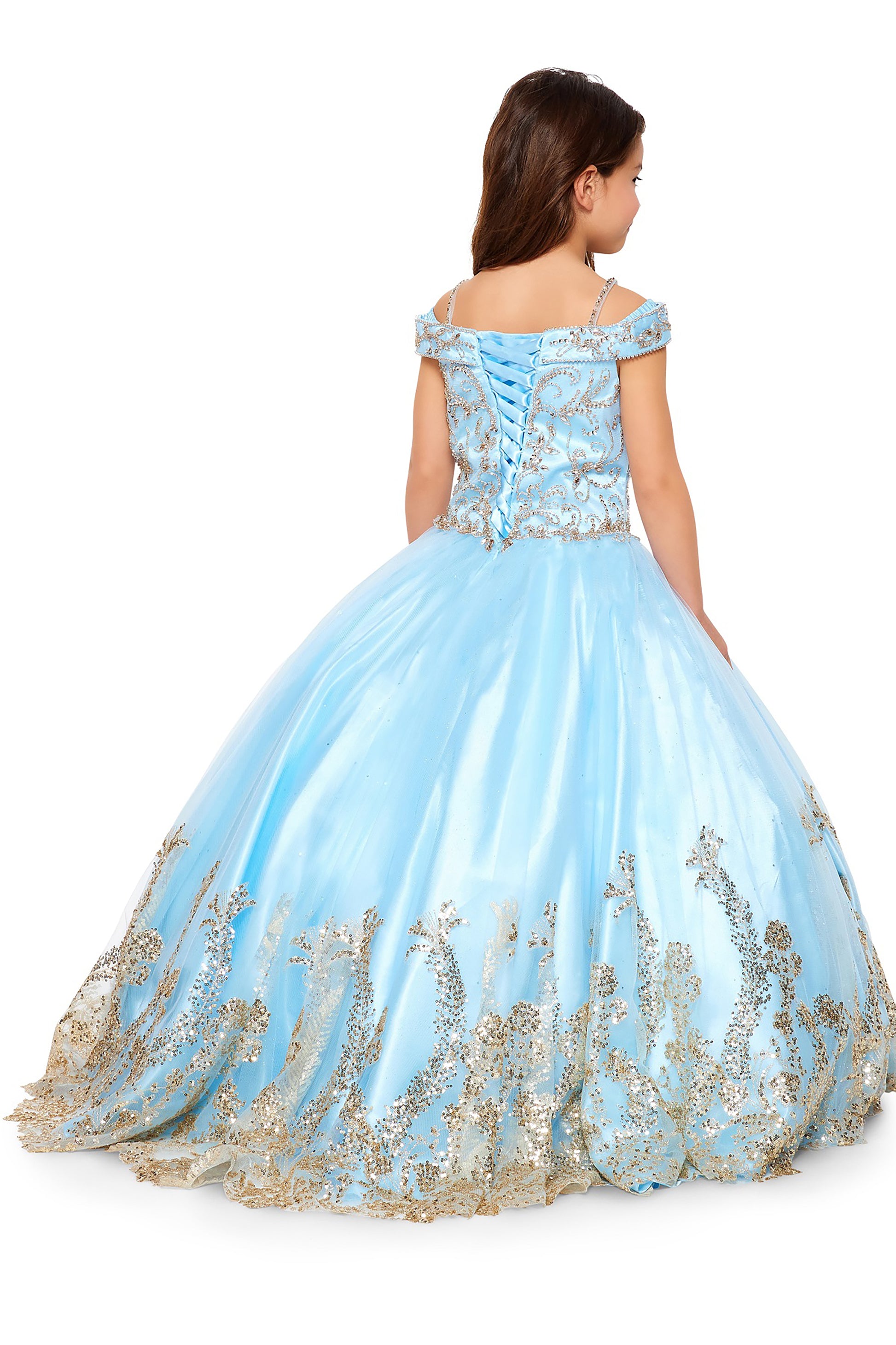 Blue Mini Quince | Off-shoulder Hand-beaded Rhinestone, Sweep Train Glittered Mesh Ballgown - back view of girl wearing dress