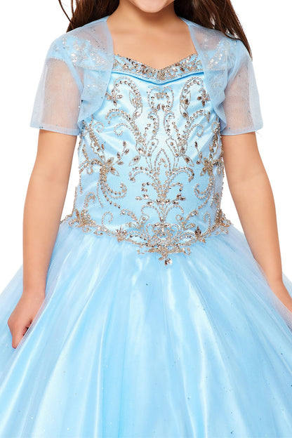 Blue Mini Quince | Off-shoulder Hand-beaded Rhinestone, Sweep Train Glittered Mesh Ballgown - zoomed in front view of dress