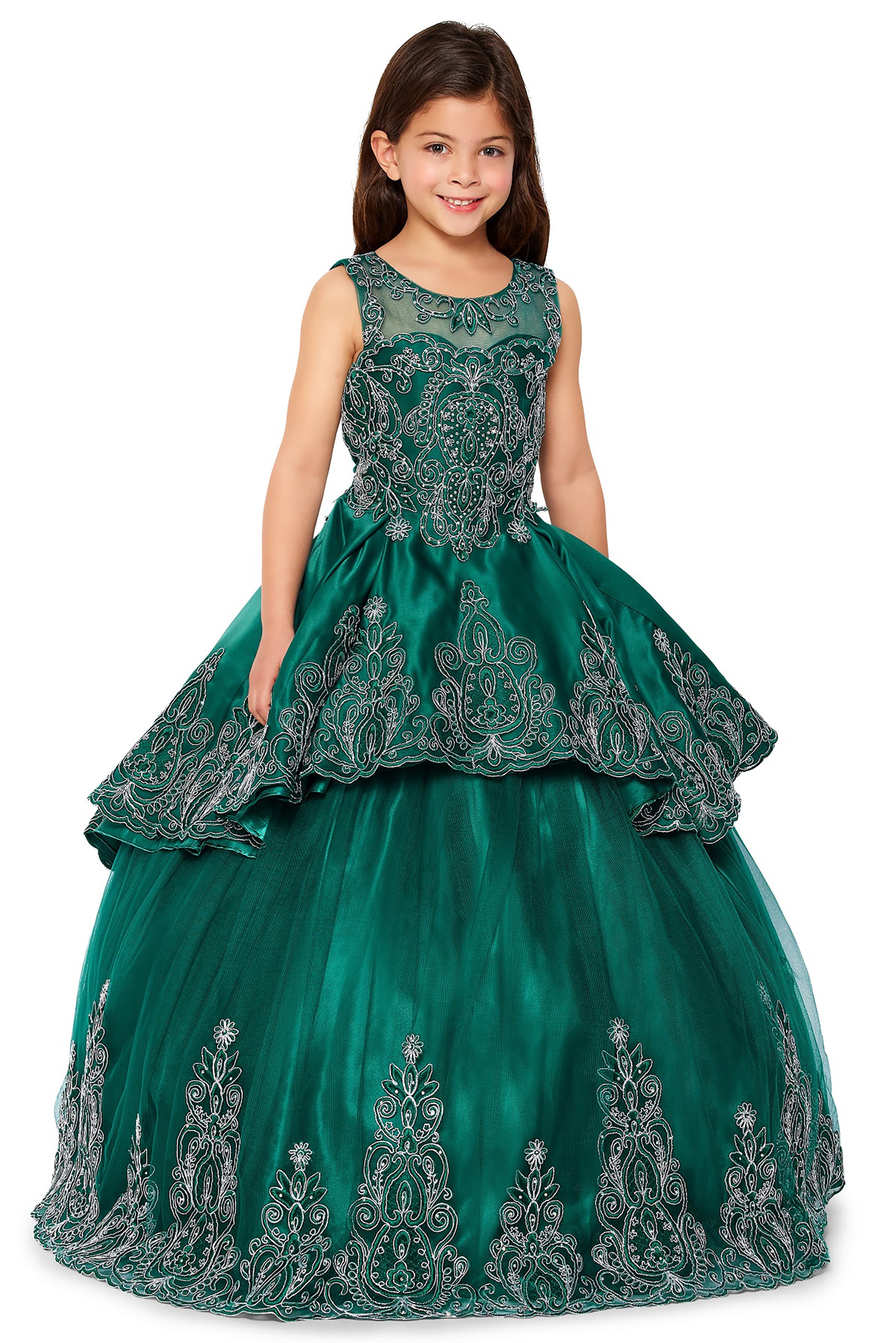 Mini Quince | Hunter Green 3-Piece Metallic Coiled Embroidered Stone Mini Quinceanera 3-Anos Ballgown with Sheer Bolero | Aiza dress | 3 Colors Available front