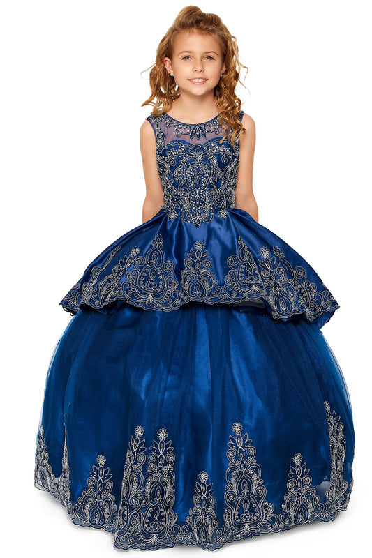 Mini Quince | Navy 3-Piece Metallic Coiled Embroidered Stone Mini Quinceanera 3-Anos Ballgown with Sheer Bolero | Aiza dress | 3 Colors Available front