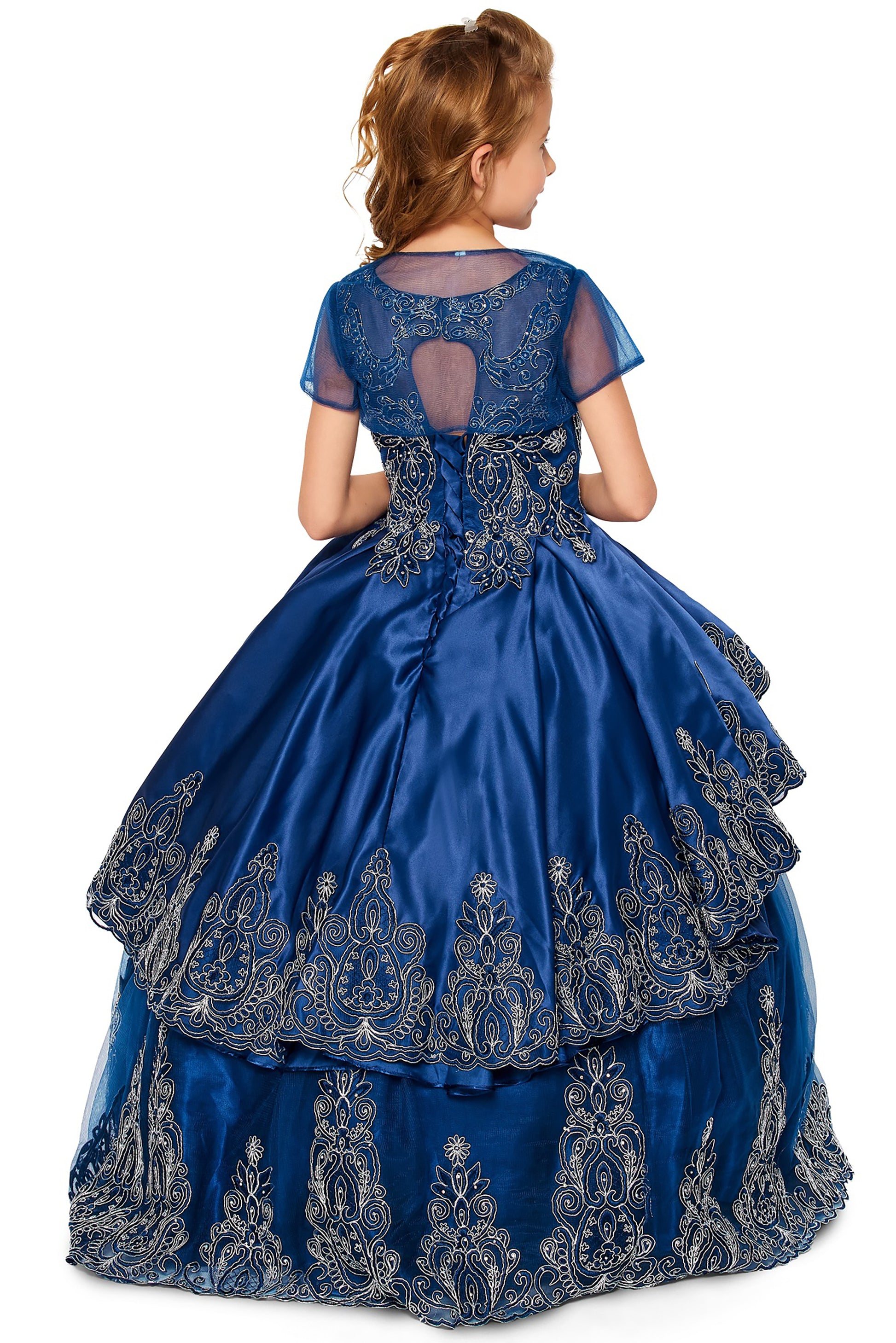 Mini Quince | Navy 3-Piece Metallic Coiled Embroidered Stone Mini Quinceanera 3-Anos Ballgown with Sheer Bolero | Aiza dress | 3 Colors Available back